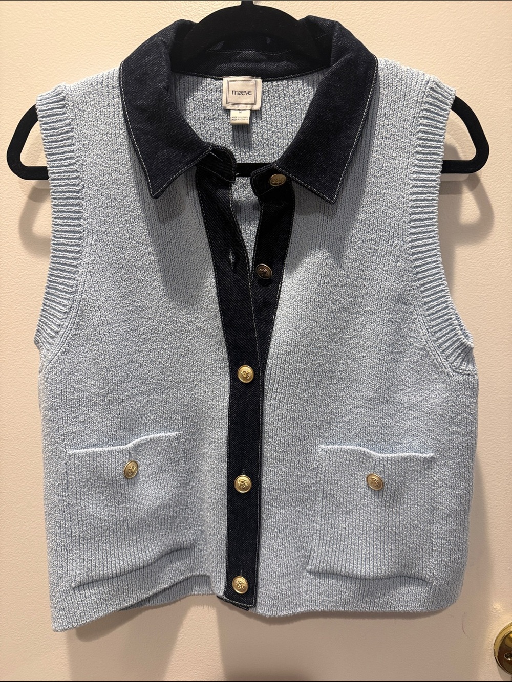 Maeve Light Blue Knit Vest with Navy Trim and Gold Buttons